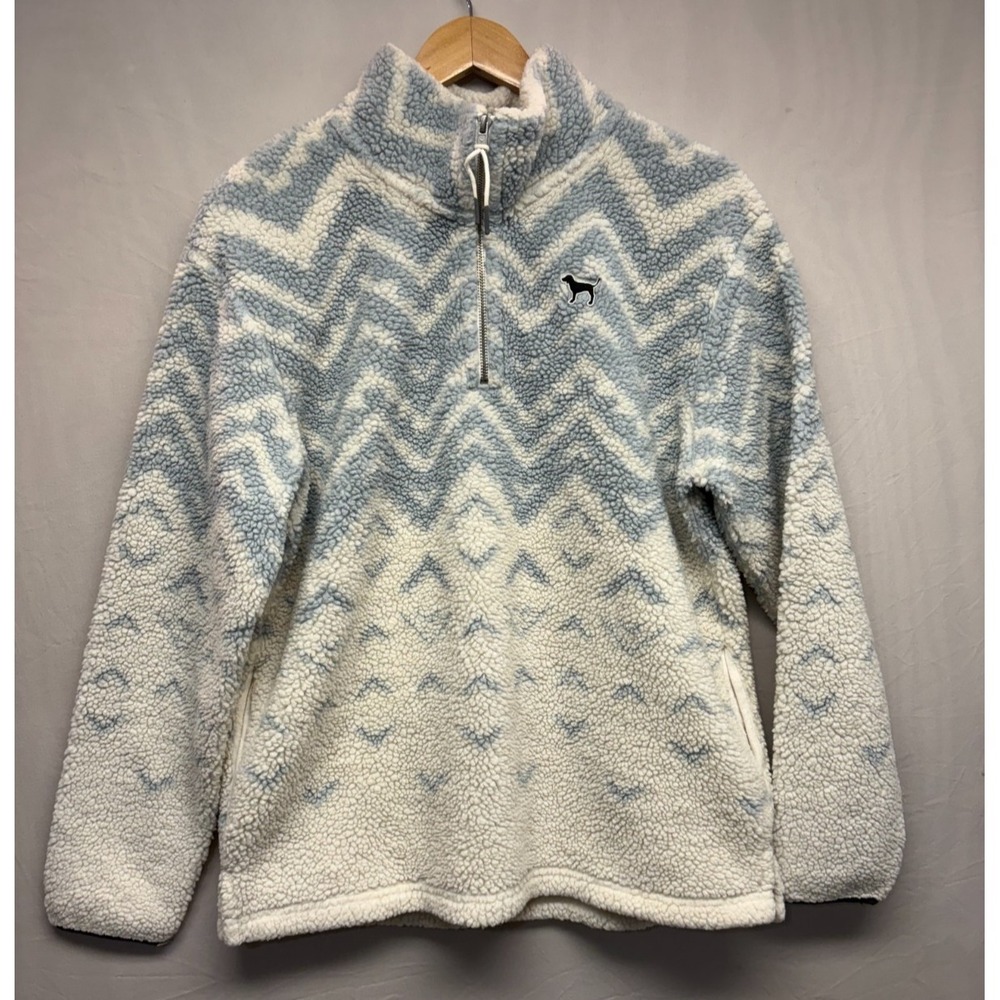 Pink Victoria's Secret Sweater Womens Gray White Geo 1/4 Zip Sherpa Fleece M - Picture 1 of 7